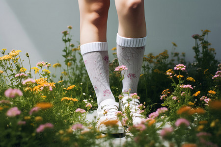 女孩袜子素材花丛间的双腿背景