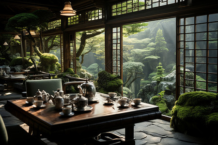 山岳间的茶室背景图片