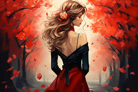 红叶间女子的背影背景图片