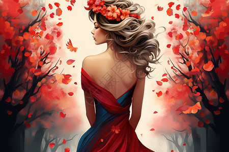红叶森林中的女子背影背景图片