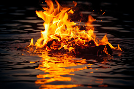 湖面中燃烧的木板背景图片