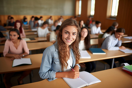 大学课堂上学习的女性大学生背景图片