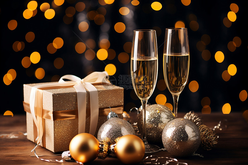 金色圣诞球间的香槟酒图片