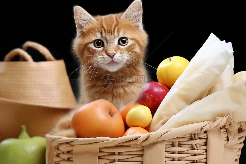 水果篮里的猫咪图片
