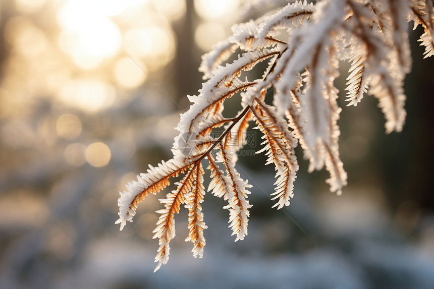 树枝上的雪与阳光交织图片