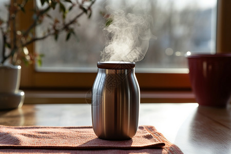 速冷窗外暖阳照耀下的一杯热水背景