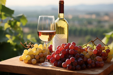 户外木桌上的葡萄和美酒背景图片