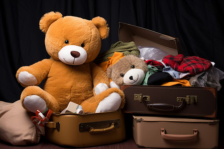 的泰迪熊坐在行李箱里背景图片