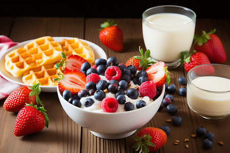 健康的浆果和牛奶背景图片