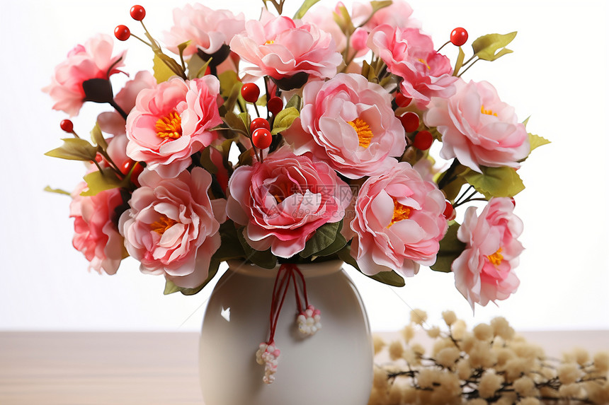 芳香泛满粉色花瓶上放着一束粉色花朵旁边是一堆干花墙壁背景洁白图片