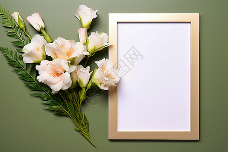 白色鲜花相框花束和白色相框背景