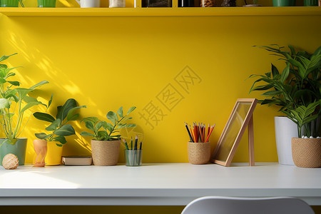 黄色墙壁前的办公桌背景图片