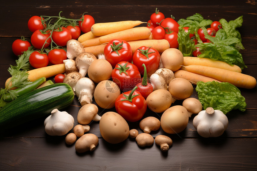 五彩斑斓的蔬菜堆在木桌上图片