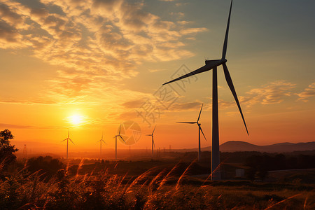 朝阳中的风力发电风车背景图片