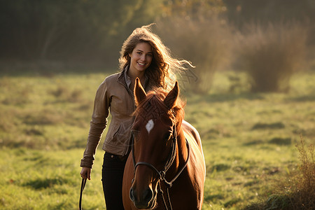 草原上牵着马的女士背景图片