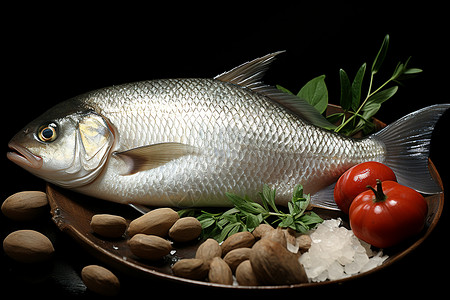 盘子里的鱼和蔬菜背景图片