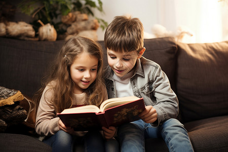 孩子一起学习孩子在沙发上一起阅读背景