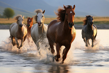 水中的一群马匹背景图片