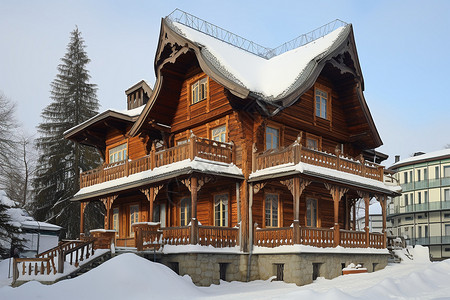 寒风瑟瑟寒冷冬日中白雪皑皑的木屋建筑背景