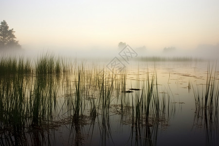晨雾缭绕的湖畔背景图片