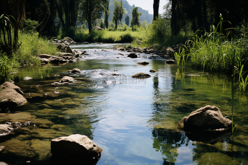 夏季娟娟流淌的乡村河流图片