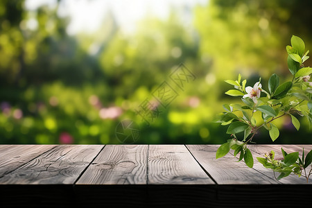 模糊花园的木桌背景背景图片