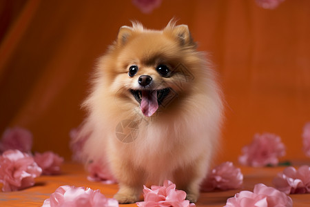 红毯女明星粉色花海里的小狗背景