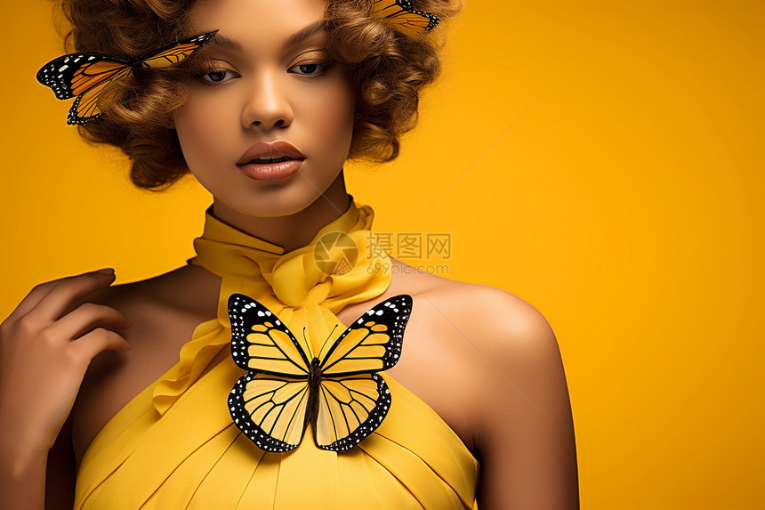 穿着黄色蝴蝶裙子的女人图片
