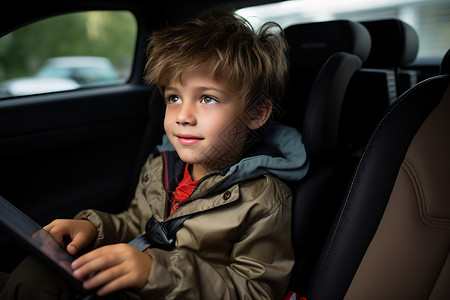 在汽车里坐着的小男孩背景图片