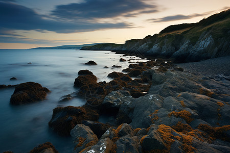 日出时分的海边岩石背景图片