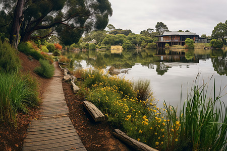 湖畔花园背景图片