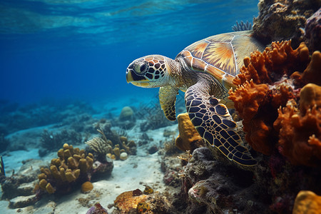 在珊瑚礁上的海龟背景图片