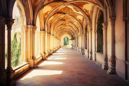 修道院的拱门走廊背景图片