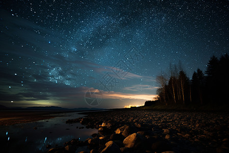 星空下的湖泊风景背景图片