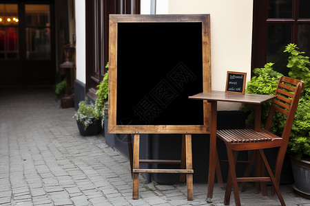咖啡店门口的木质桌椅背景图片