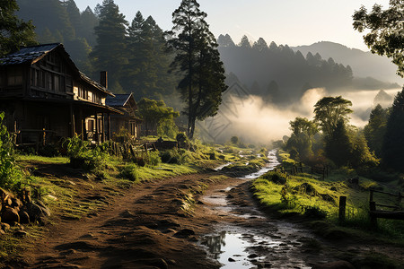 晨雾蒙蒙中的美丽村庄背景图片