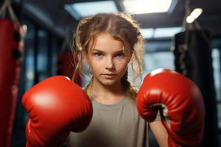 女孩在健身房里戴着红色拳击手套背景图片