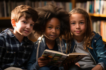 图书馆阅读书籍的小学生背景图片