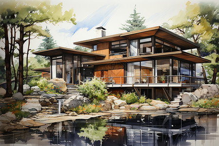 现代豪华别墅建筑的彩绘背景图片
