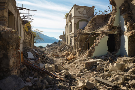 自然灾害后的房屋建筑废墟背景