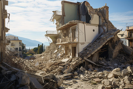 地震避难一片狼藉的房屋废墟背景
