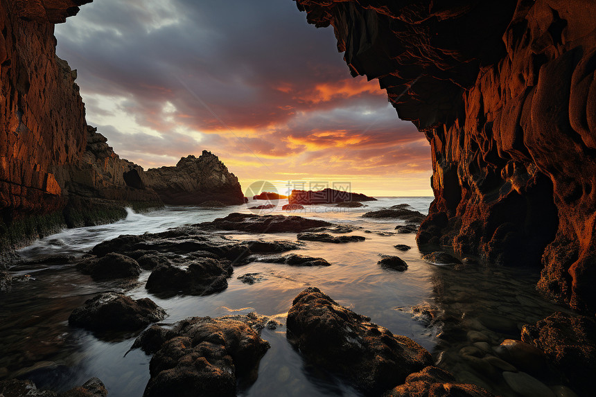 日落下的岩石海边洞穴图片