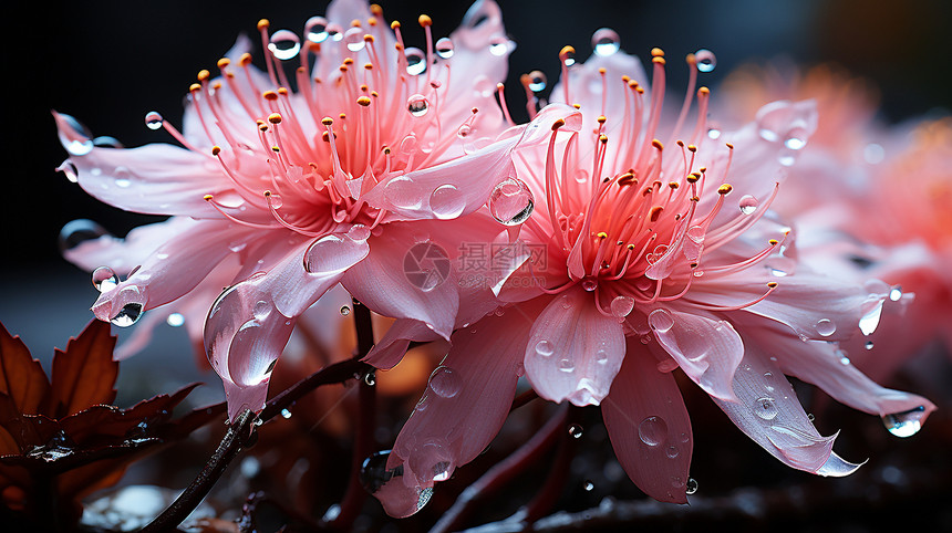 雨中开放的粉色花朵图片