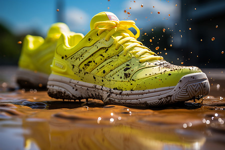 户外泥泞道路上的运动鞋背景图片