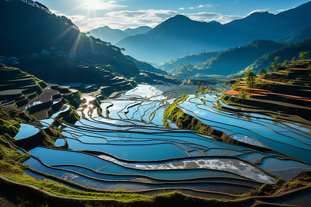 阳光下的山脉阳光下的梯田背景