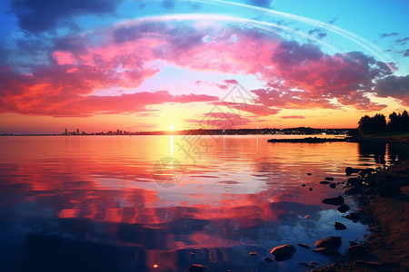 夕阳下的湖畔背景图片