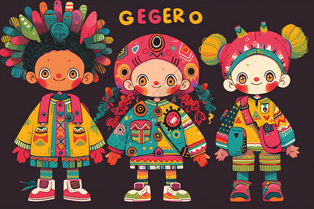孩子服装三个孩子身穿彩色服装插画