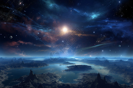 星云下的山脉湖泊背景图片