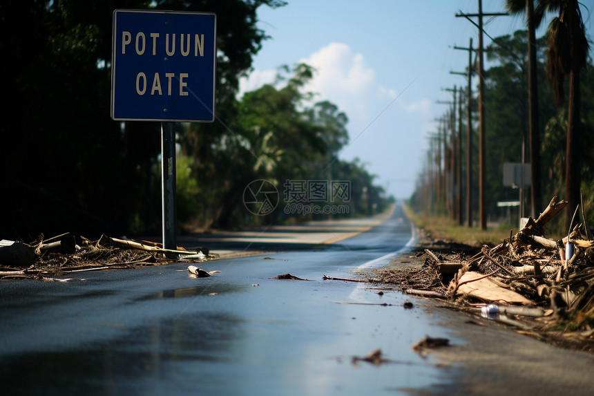 淹水道路上的标志牌风暴警告图片