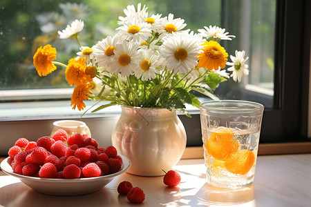 阳光下的花束和水果背景图片